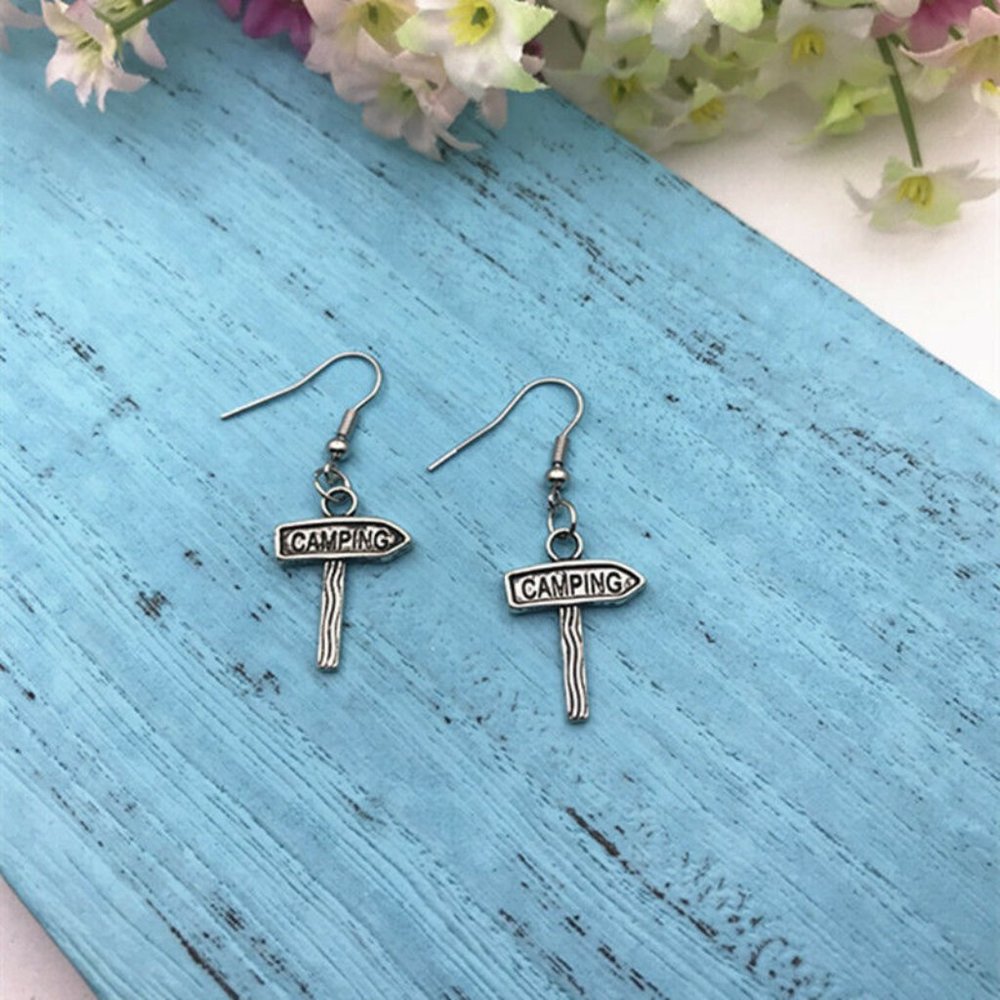 Camping Sign Silver Earrings